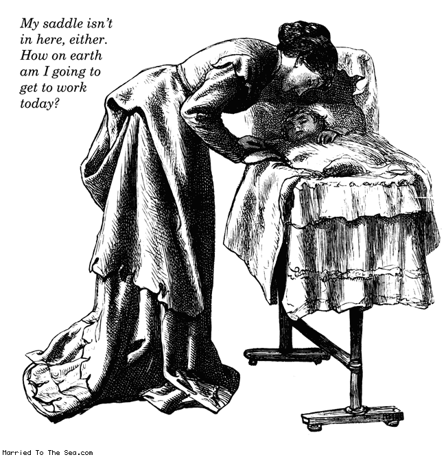 Married To The Sea comic: my saddle isnt in here * Text:
My saddle isn't in here, either. How on earth am I going to get to work today?