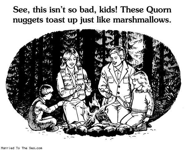 Married To The Sea comic: vegan camping trip * Text: see this isnt so bad kids these quorn nuggets toast up just like marshmallows