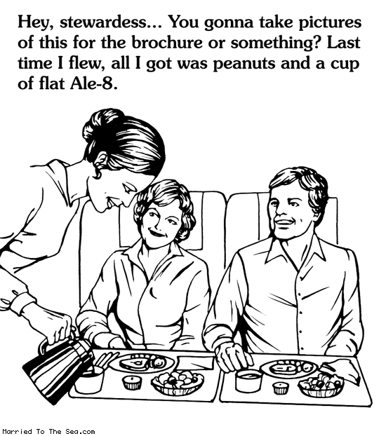 Married To The Sea comic: pictures for the brochure * Text: hey stewardess you gonna take pictures of this for the brochure or something last time i flew all i got was peanuts and a cup of flat ale 8