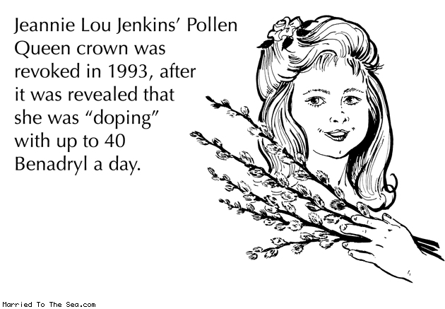 Married To The Sea comic: pollen queen 1992 * Text: jeannie lou jenkins pollen queen crown was revoked in 1993 after it was revealed that she was doping with up to 40 benadryl a day