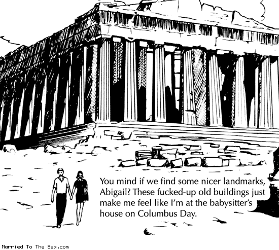 Married To The Sea comic: nicer landmarks * Text: you mind if we find some nicer landmarks abigail these fucked up old buildings just make me feel like im at the babysitters house on columbus day