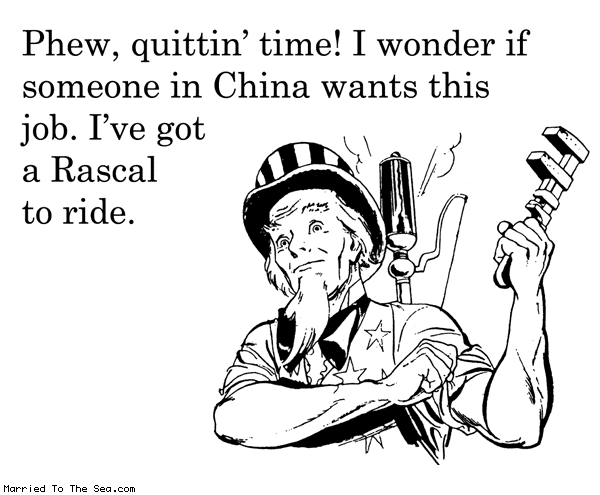 Married To The Sea comic: quittin time * Text: Phew, quittin' time! I wonder if someone in China wants this job. I've got a Rascal to ride.
