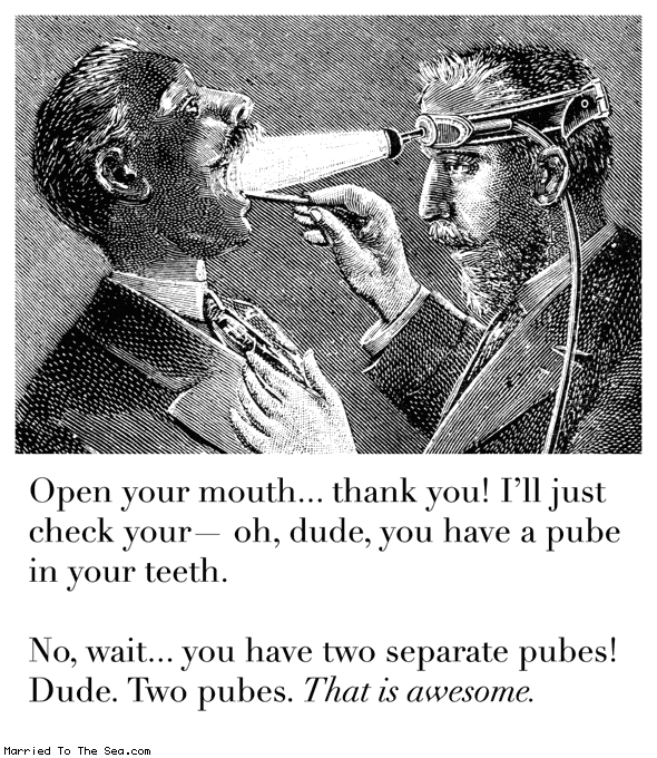 Married To The Sea comic: two pubes * Text:
Open your mouth... thank you! I'll just check your -- oh, dude, you have a pube in your teeth.