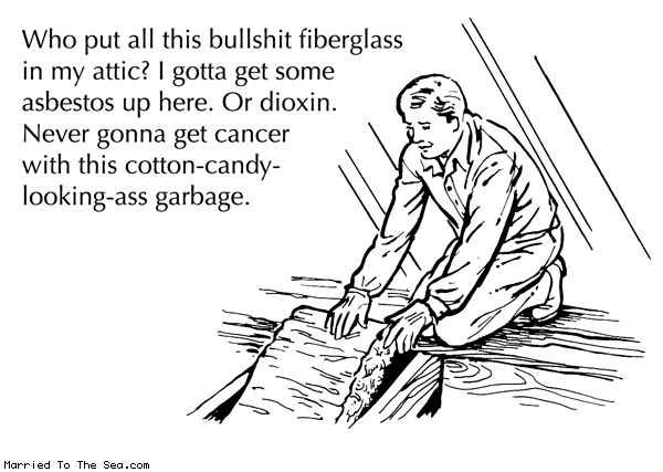 Married To The Sea comic: bullshit fiberglass * Text: who put all this bullshit fiberglass in my attic i gotta get some asbestos up here or dioxin never gonna get cancer with this cotton candy looking ass garbage