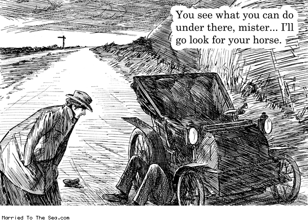 Married To The Sea comic: fixing a car * Text: you see what you can do under there mister ill go look for your horse