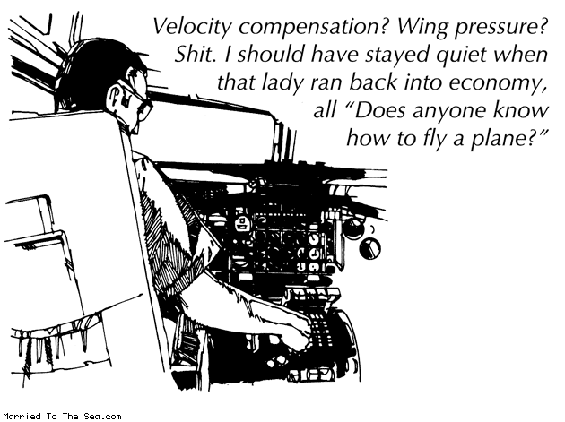 Married To The Sea comic: velocity compensation wing pressure * Text: velocity compensation wing pressure shit i should have stayed quiet when that lady ran back into economy all does anyone know how to fly a plane