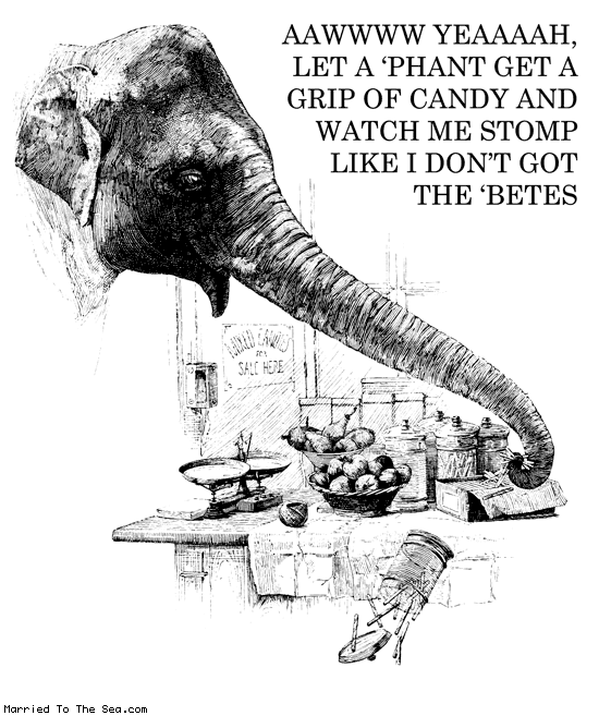 Married To The Sea comic: a grip of candy * Text: AAWWWW YEAAAAH, LET A 'PHANT GET A GRIP OF CANDY AND WATCH ME STOMP LIKE I DON'T GOT THE 'BETES