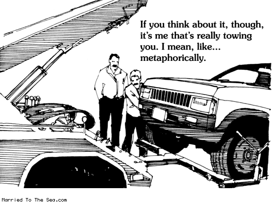 Married To The Sea comic: metaphorically * Text: if you think about it though its me thats really towing you i mean like metaphorically
