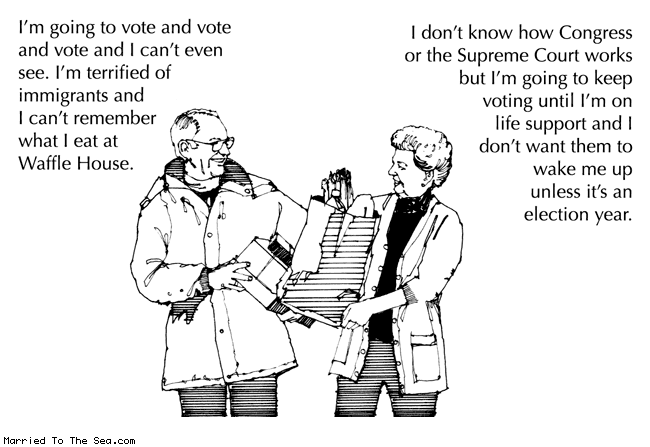 Married To The Sea comic: vote and vote and vote * Text: I'm going to vote and vote and vote and I can't even see. I'm terrified of immigrants and I can't remember what I eat at Waffle House. I don't know how Congress or the Supreme Court works but I'm going to keep voting until I'm on life support and I don't want them to wake me up unless it's an election year.