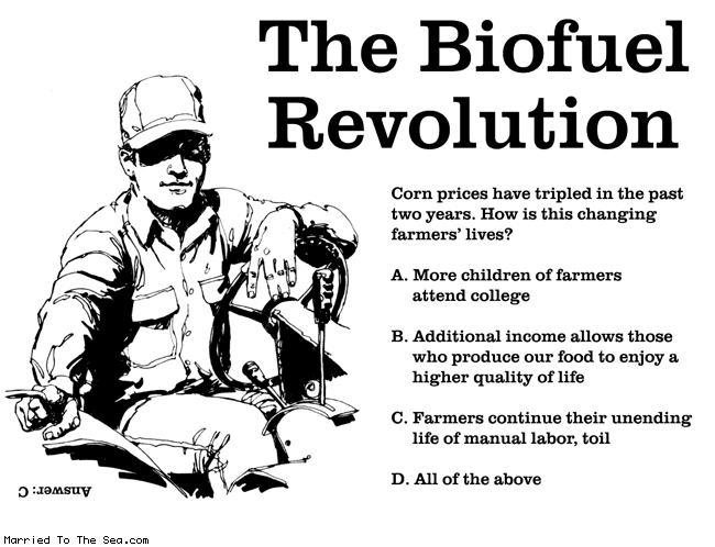 Married To The Sea comic: biofuel revolution * Text:
The Biofuel Revolution
Corn prices have tripled in the past two years. How is this changing farmers' lives?
A. More children of farmers attend college
B. Additional income allows those who produce our food to enjoy a higher quality of life
C. Farmers continue their unending life of manual labor, toil
D. All of the above
Answer: C