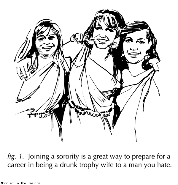 Married To The Sea comic: joining a sorority * Text: fig. 1. Joining a sorority is a great way to prepare for a career in being a drunk trophy wife to a man you hate.