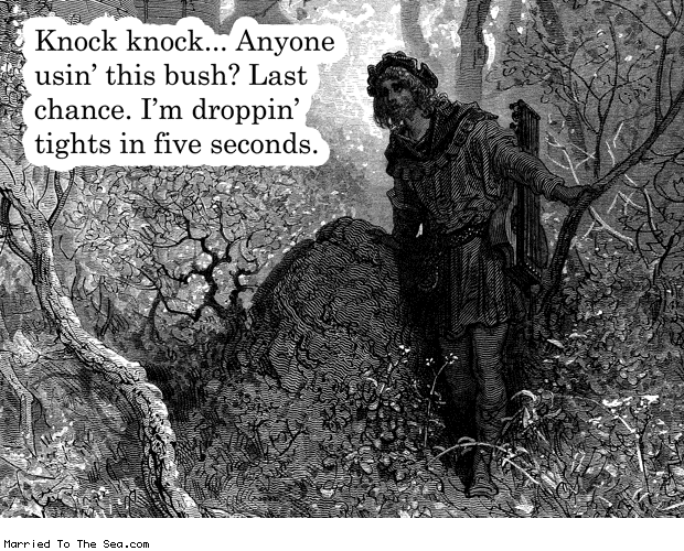 Married To The Sea comic: anyone using this bush * Text: knock knock anyone usin this bush last chance im droppin tights in five seconds
