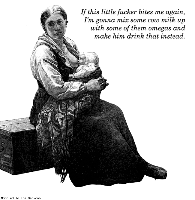 Married To The Sea comic: little fucker bites again * Text: if this little fucker bites me again im gonna mix some cows milk up with some of them omegas and make him drink that instead