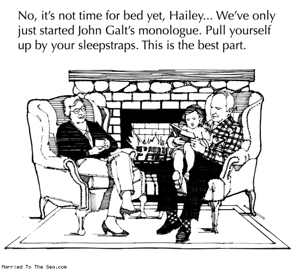Married To The Sea comic: not time for bed yet * Text: no its not time for bed yet hailey weve only just started john galts monologue pull yourself up by your sleepstraps this is the best part