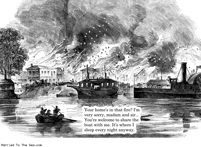 Married To The Sea comic: my home is in that fire * Text: your homes in that fire im very sorry madam and sir youre welcome to share the boat with me its where i sleep every night anyway