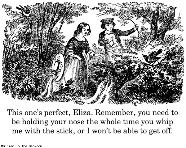 Married To The Sea comic: the perfect stick * Text: this ones perfect eliza remember you need to be holding your nose the whole time you whip me with the stick or i wont be able to get off