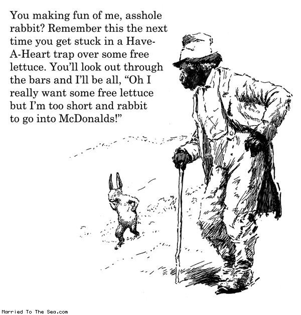 Married To The Sea comic: asshole rabbit * Text: you making fun of me asshole rabbit remember this the next time you get stuck in a have a heart trap over some free lettuce youll look out through the bars and ill be all oh i really want some free lettuce but im too short and rabbit to go to mcdonalds