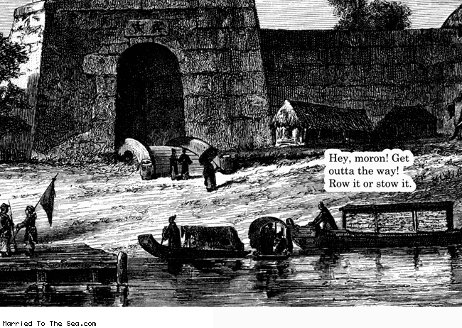 Married To The Sea comic: row it or stow it * Text:
Hey, moron! Get outta the way! Row it or stow it.