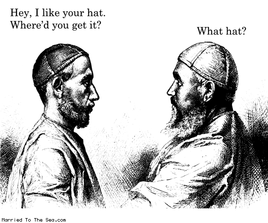 Married To The Sea comic: what hat * Text: hey i like your hat where did you get it what hat