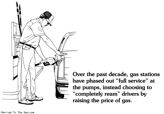 Married To The Sea comic: full service pumps * Text:
Over the past decade, gas stations have phased out