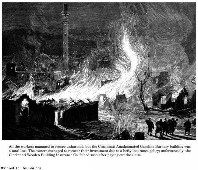 Married To The Sea comic: cincinnati gasoline burnery * Text:
All the workers managed to escape unharmed, but the Cincinnati Amalgamated Gasoline Burnery building was a total loss. The owners managed to recover their investment due to a hefty insurance policy; unfortunately, the Cincinnati Wooden Building Insurance Co. folded soon after paying out the claim.