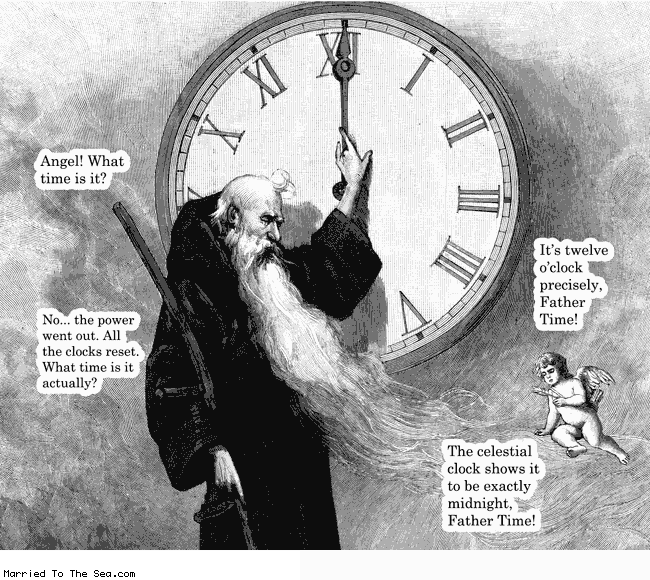 Married To The Sea comic: how do you talk to an angel * Text:
Angel! What time is it?
It's twelve o'clock precisely, Father Time!
No... the power went out. All the clocks reset. What time is it actually?
The celestial clock shows it to be exactly midnight, Father Time!
X
XI
XII
I
II
III
IIII
V