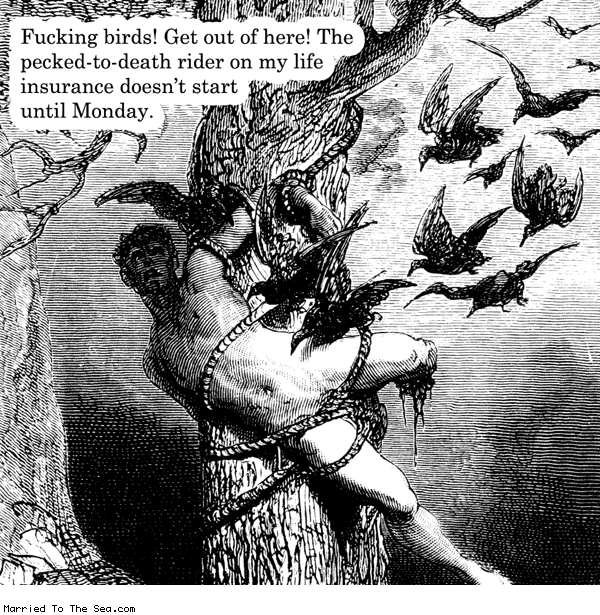 Married To The Sea comic: fucking birds * Text: fucking birds get out of here the pecked to death rider on my life insurance doesnt start until monday