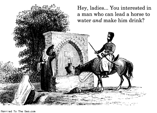 Married To The Sea comic: a man who make a horse drink * Text: hey ladies you interested in a man who can lead a horse to water and make him drink