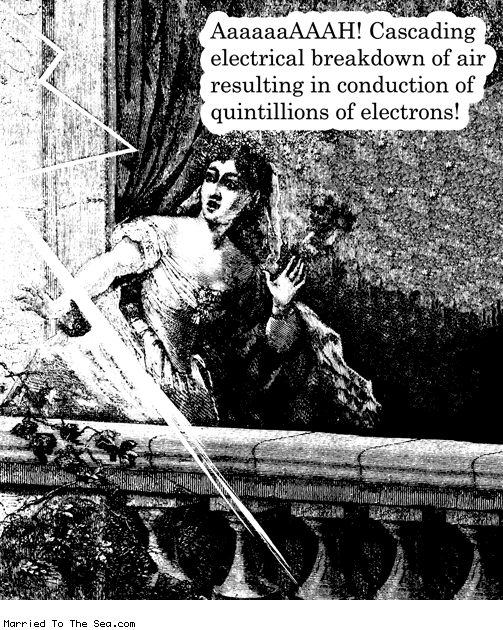 Married To The Sea comic: lightning bolt sounds cooler * Text: aaaaaaaah cascading electrical breakdown of air resulting in conduction of quintillions of eletrons