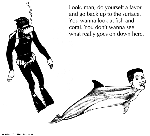 Married To The Sea comic: diving discoveries * Text: look man do yourself a favor and go back up to the surface you wanna look at a fish and coral you dont wanna see what really goes on down here