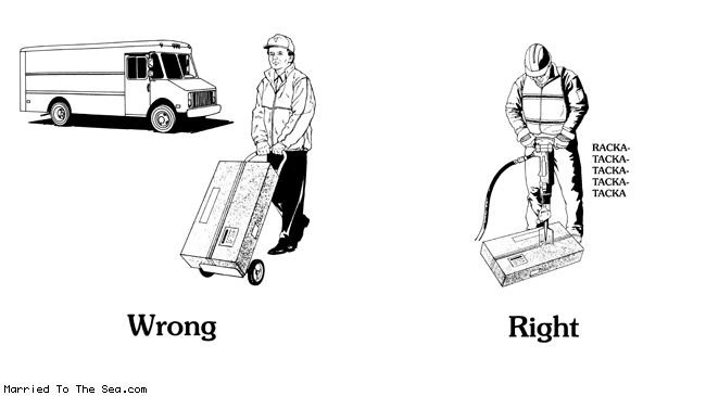 Married To The Sea comic: how to deliver a parcel * Text:
Wrong
Right
RACKA-
TACKA-
TACKA-
TACKA-
TACKA-