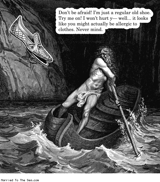 Married To The Sea comic: dont be afraid * Text: dont be afraid tim just a regular old shoe try me on i wont hurt y well it looks like you might actually be allergic to clothes never mind