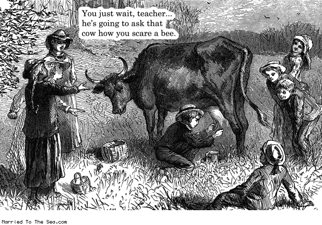 Married To The Sea comic: milking the cow * Text: you just wait teacher hes going to ask that cow how you scare a bee