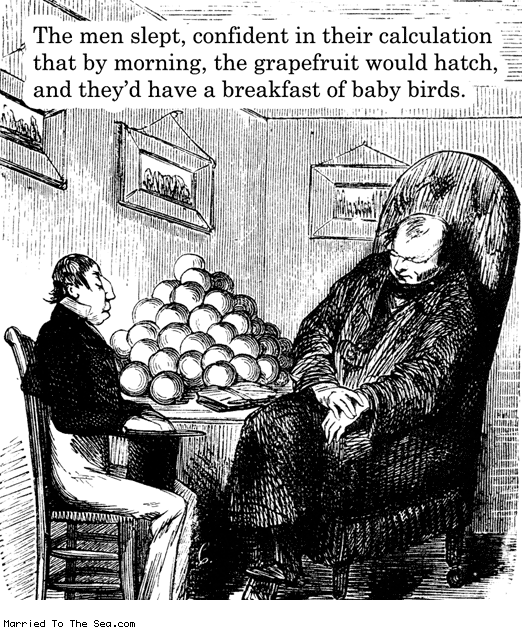 Married To The Sea comic: the men slept * Text: the men slept confident in their calculation that by morning the grapefruit would hatch and theyd have a breakfast of baby birds