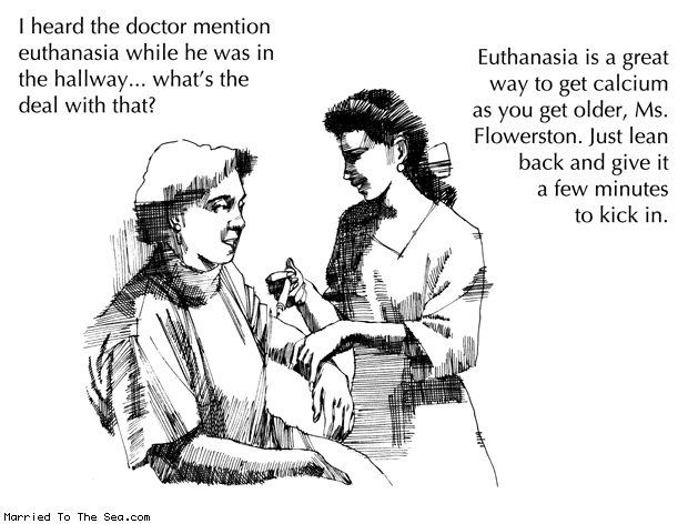 Married To The Sea comic: euthanasia * Text: i heard the doctor mention euthanasia while he was in the hallway whats the deal with that euthanasia is a great way to get calcium as you get older ms flowerston just lean back and give it a few minutes to kick in
