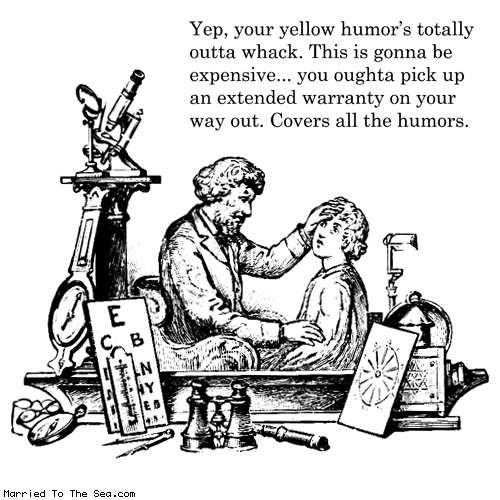 Married To The Sea comic: all the humors * Text: yep, your yellow humor's totally outta whack. this is gonna be expensive... you oughta pick up an extended warranty on your way out. covers all the humors.