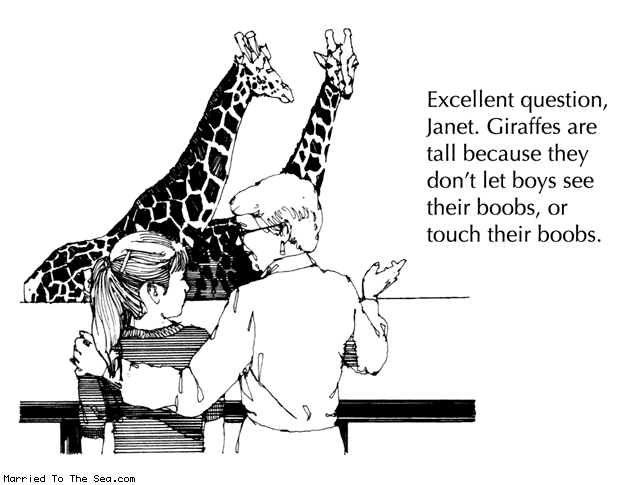 Married To The Sea comic: excellent giraffe question * Text: excellent question janet giraffes are tall because they dont let boys see their boobs or touch their boobs