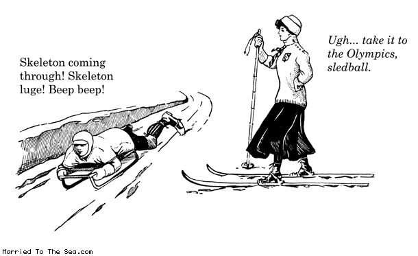 Married To The Sea comic: skeleton luge * Text: skeleton coming though skeleton luge beep beep ugh take it to the olympics sledball