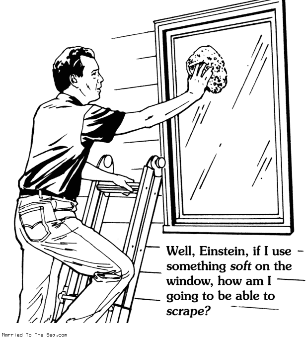 Married To The Sea comic: window scraper * Text:
Well, Einstein, if I use something soft on the window, how am I going to be able to scrape?