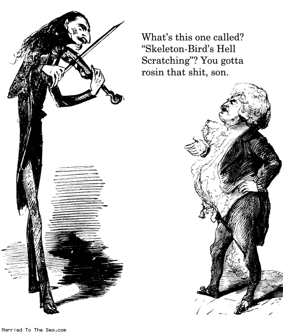 Married To The Sea comic: skeleton birds hell scratching * Text: whats this one called skeleton birds hell scratching you gotta rosin that shit son